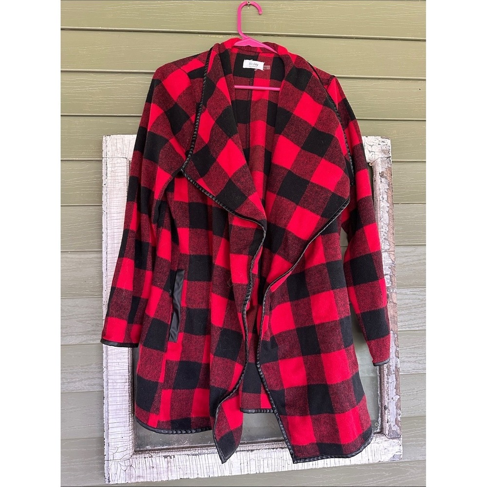 Bluivy Buffalo Plaid Cardigan Red Black Draped Open Front Faux Leather Trim S